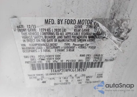 2012 Ford Taurus Sel from USA, damaged, VIN 1FAHP2EW9CG138287